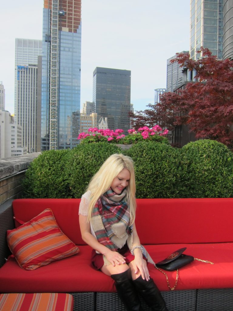 blanket scarf, skirt and boots