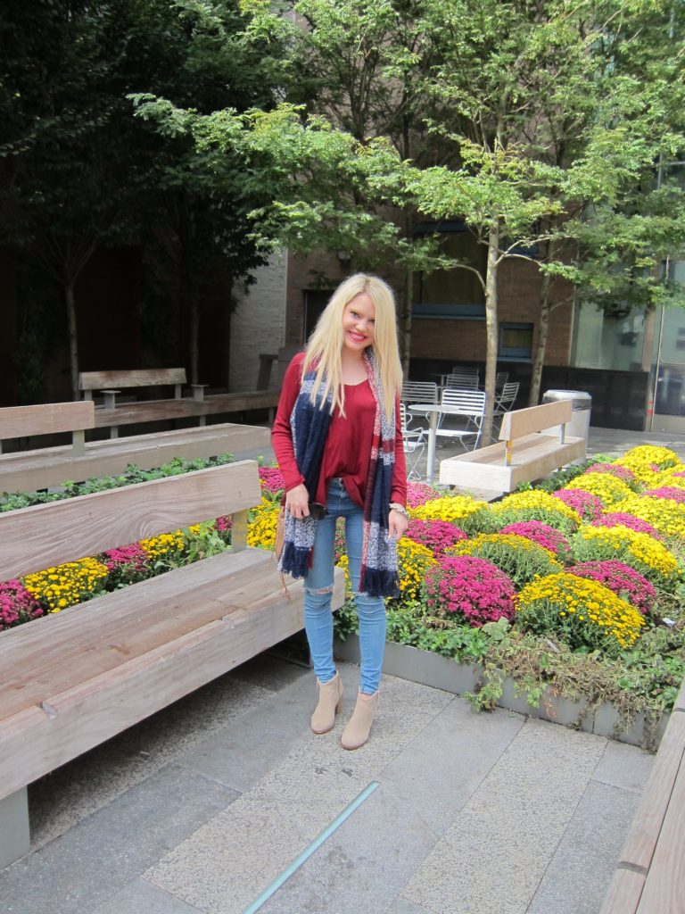 maroon top, denim jeans, booties