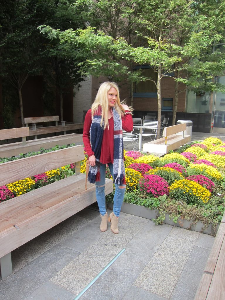 casual outfit scarf, top, jeans, booties