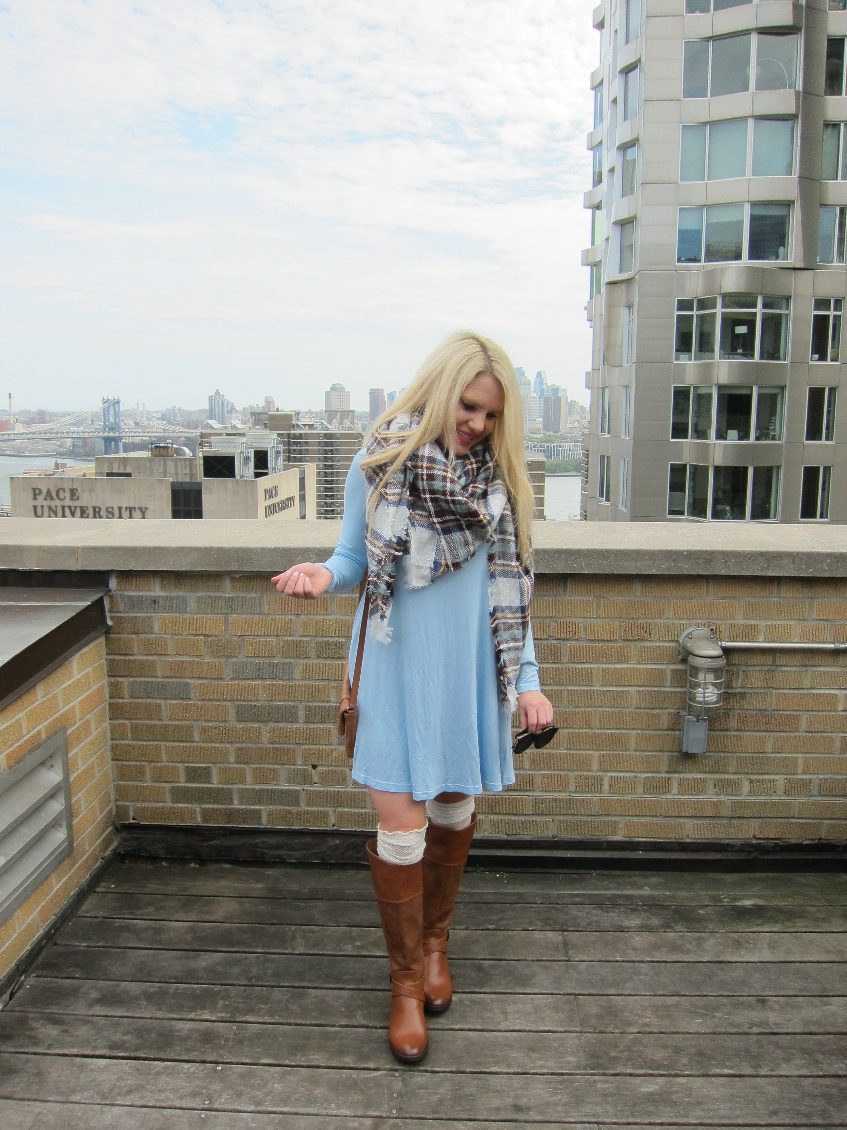 plaid scarf blue swing dress