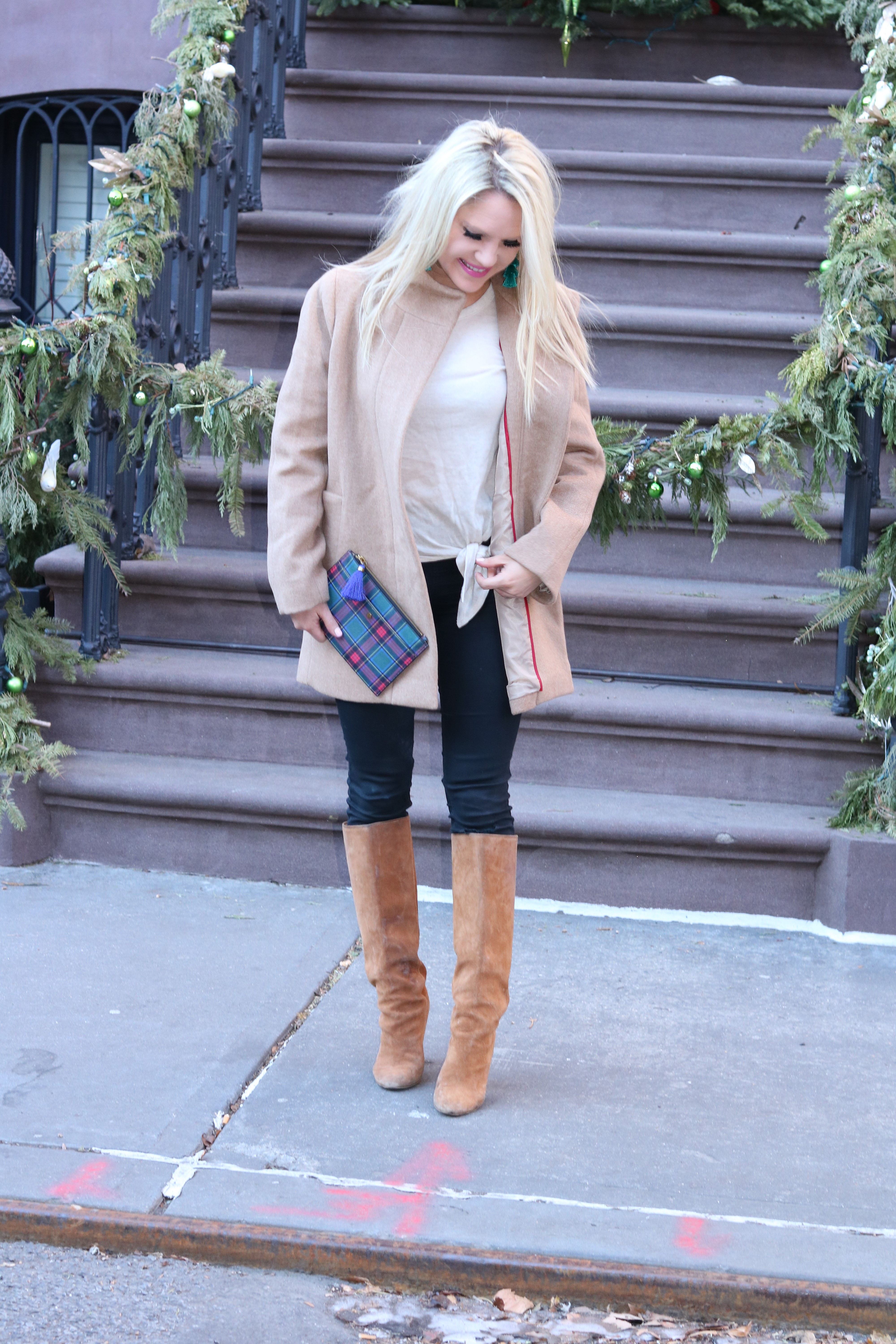 j.crew tan pea coat, tan club monaco boots