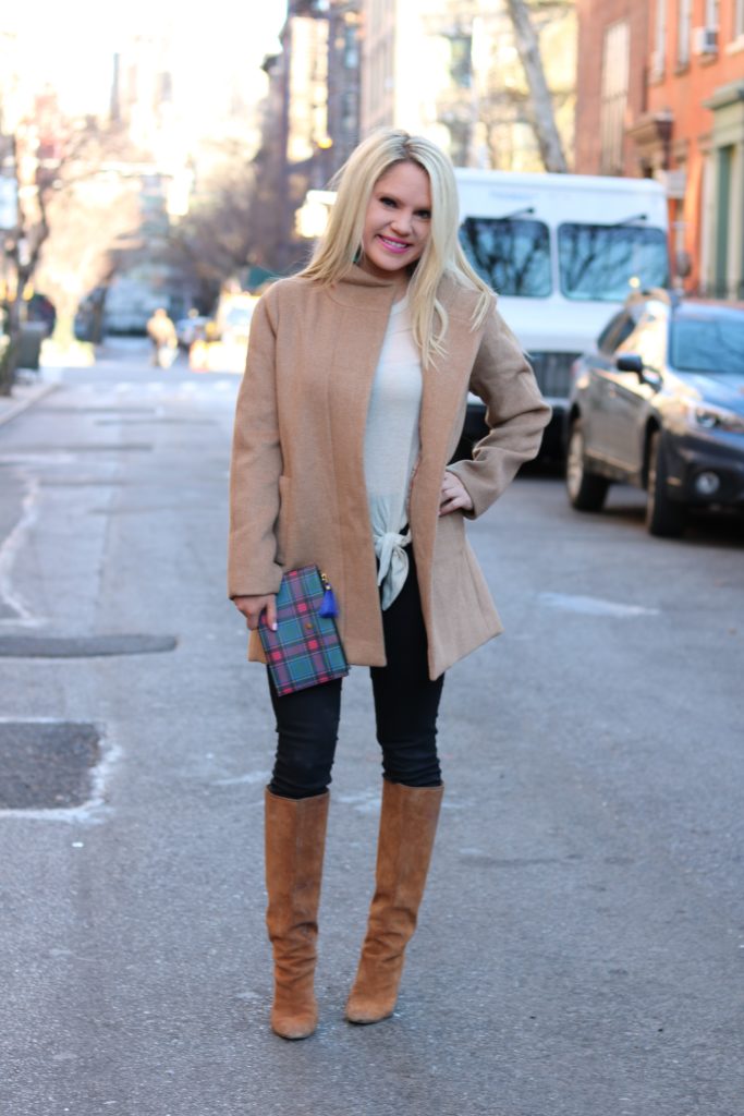 tan coat and tan boots