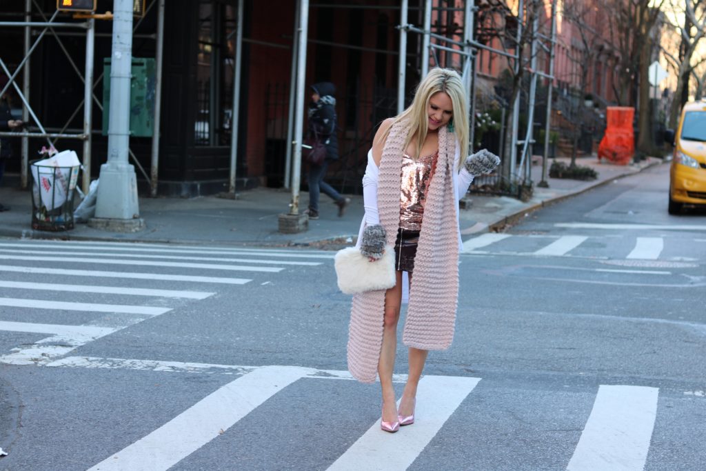 sequin top, fuzzy mittens