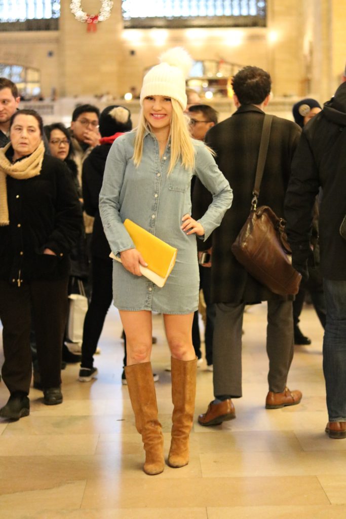 denim dress, suede boots, clutch bag, beanie