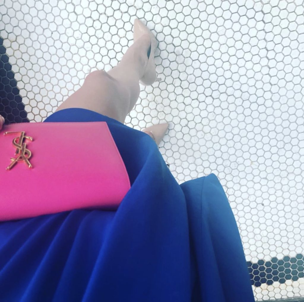 navy dress, pink ysl clutch