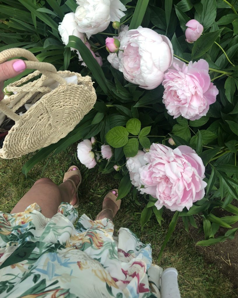 from above pink peonies floral dress