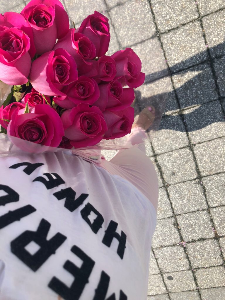 from above pink roses American graphic tee