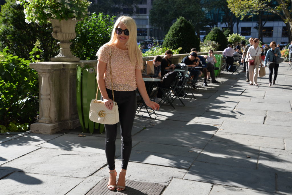 beaded top, black leggings, nude heels