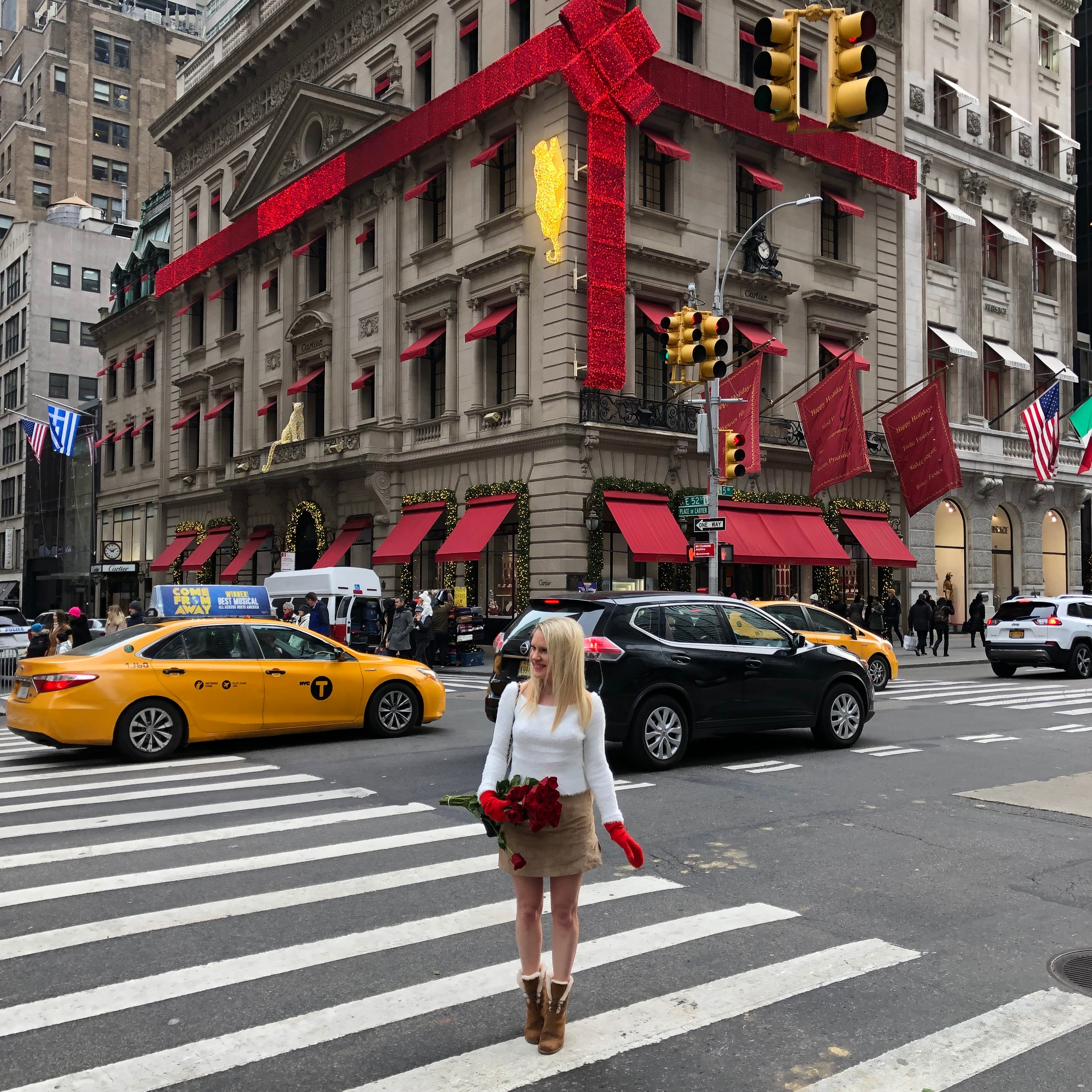 Cartier building in NYC wrapped with a Christmas bow, MY MOST COMFORTABLE WINTER BOOTIES