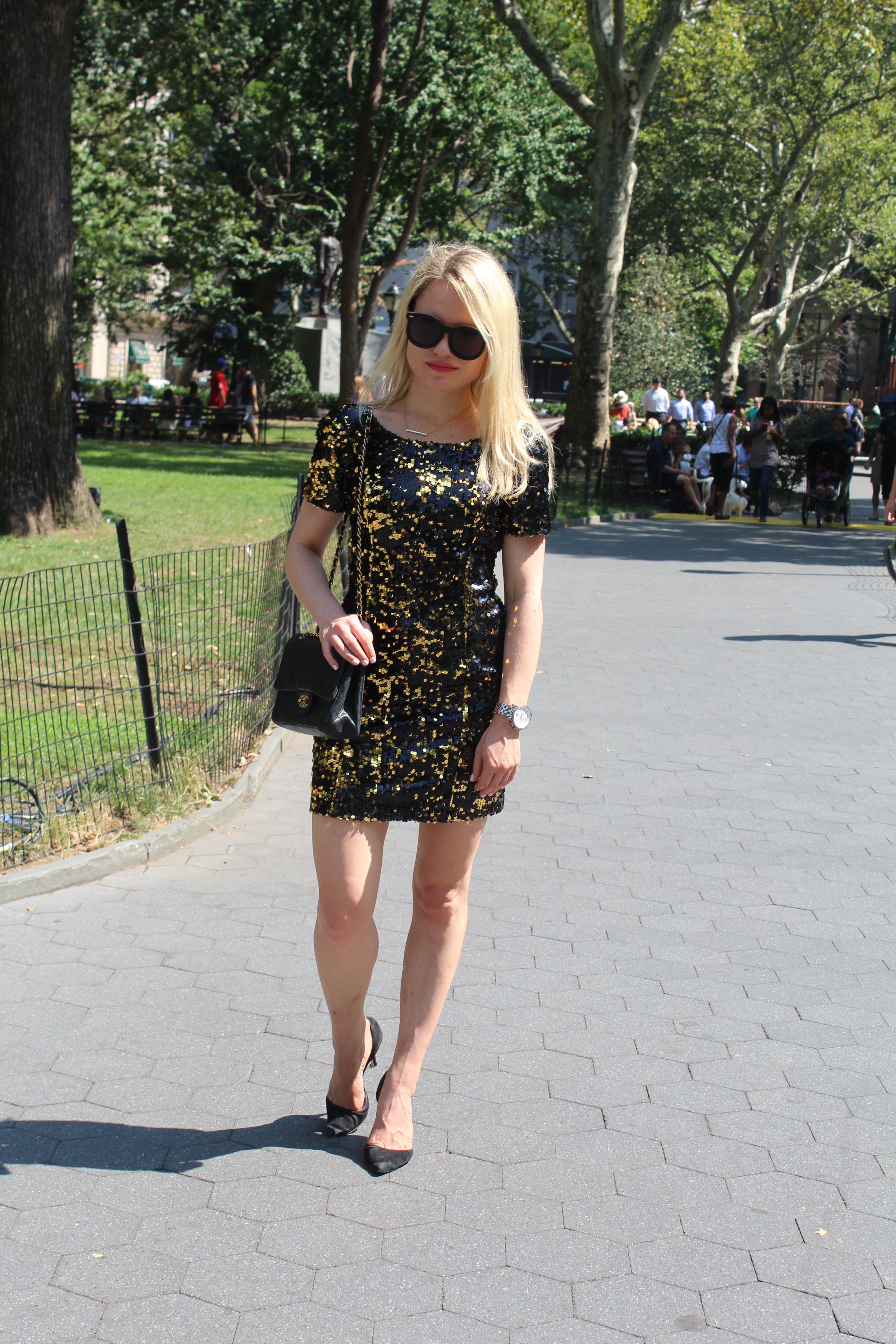 Caitlin Hartley of Styled American sheath sequin dress and chanel bag