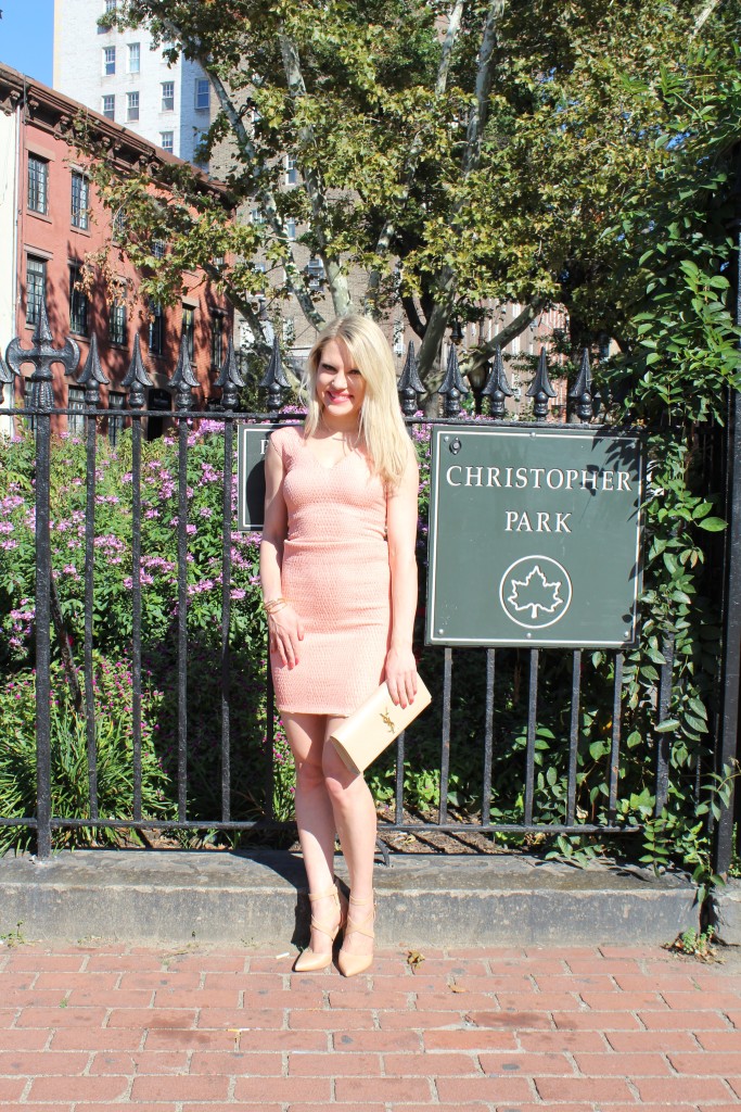 Caitlin Hartley of Styled American girl in coral sheath dress, christopher park nyc
