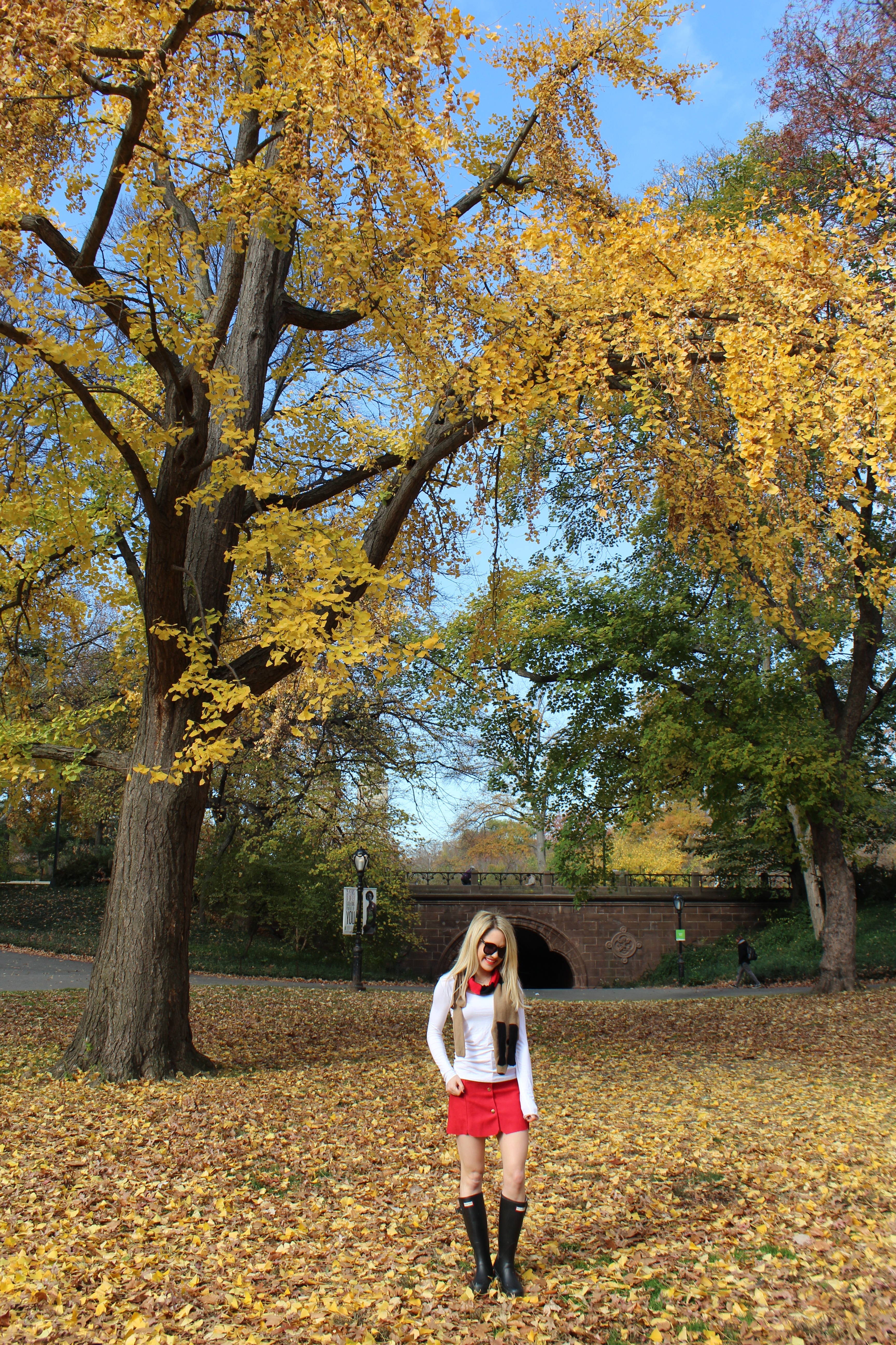Caitlin Hartley of Styled American yellow leave in Central Park, girl in Hunter hoots and red skirt