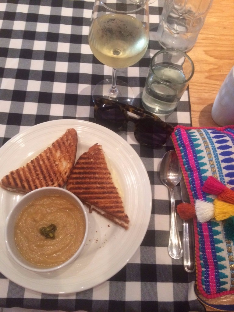 Caitlin Hartley of Styled American gingham table runner, grilled cheese and soup and colorful clutch with fringe, SAVANNAH ROUNDUP