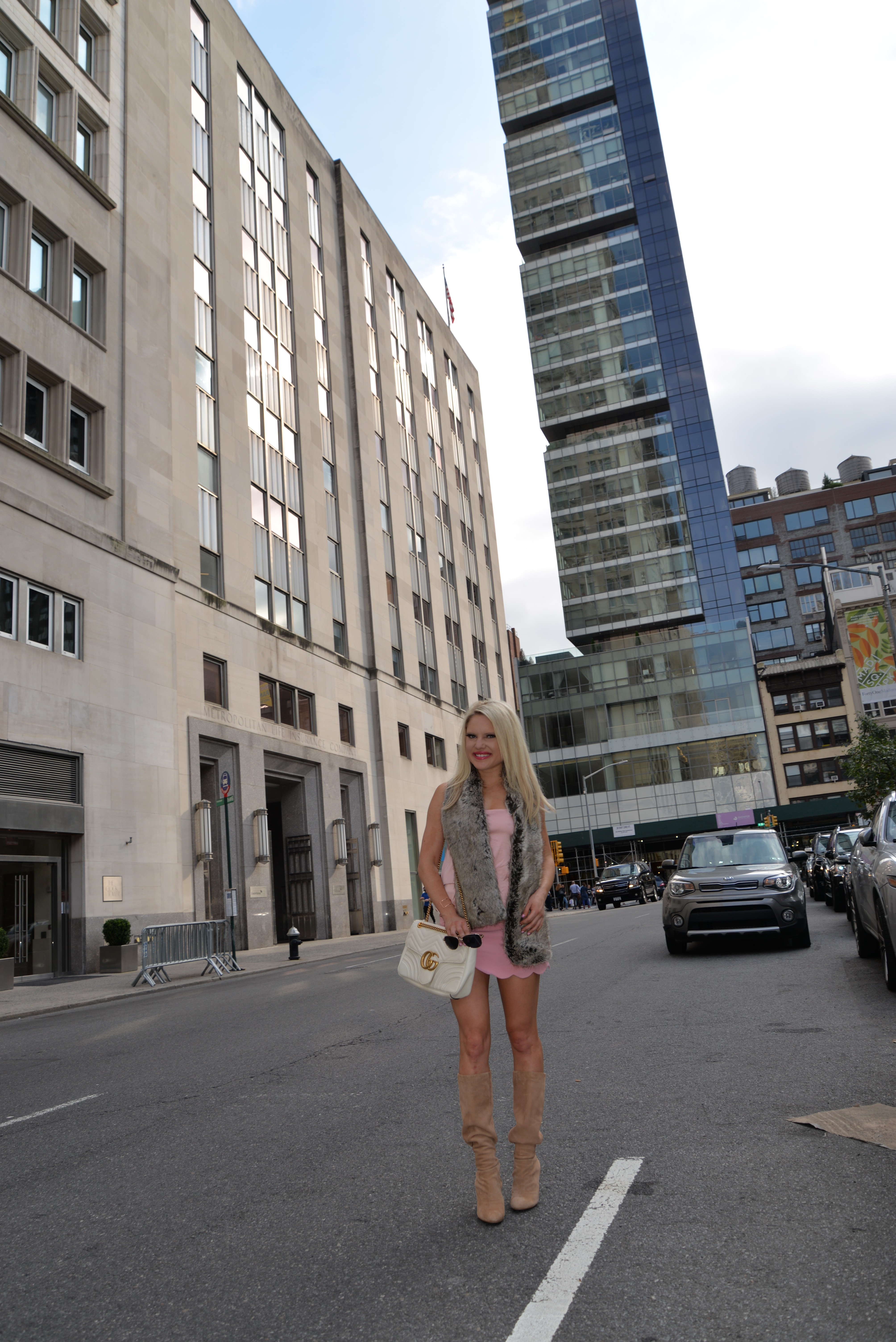 pink tank top, faux fur scarf, pink scalloped skirt, suede boots, gucci bag