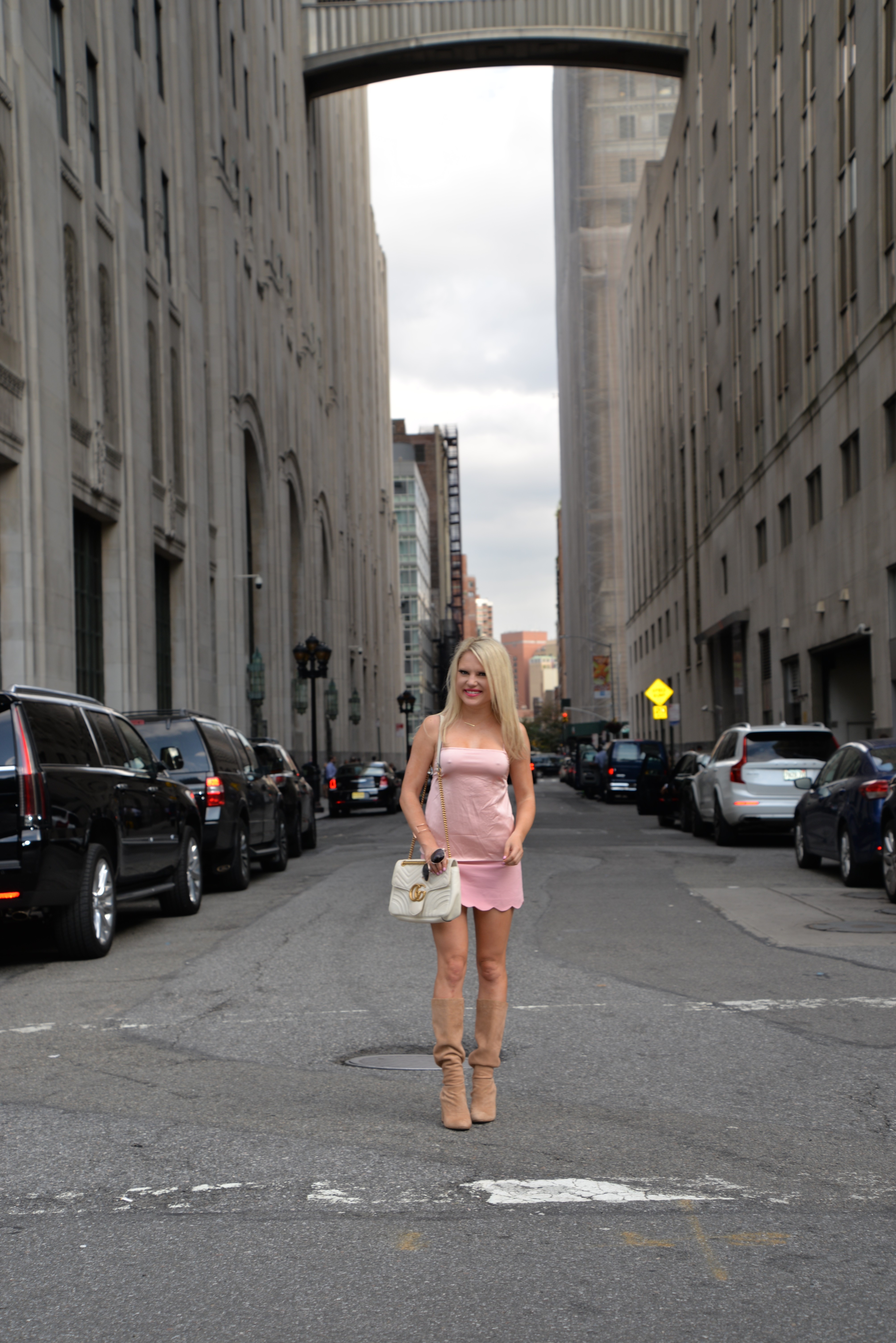 pink satin halter top and scalloped skirt