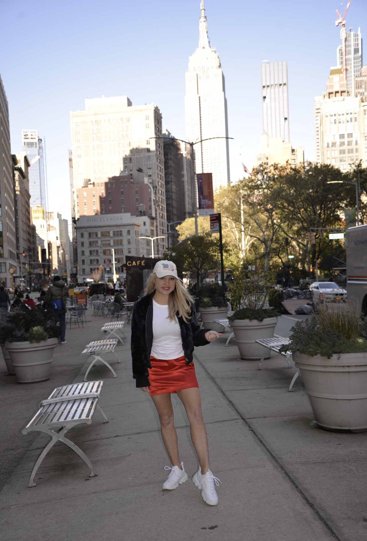 red satin skirt, faux fur navy jacket