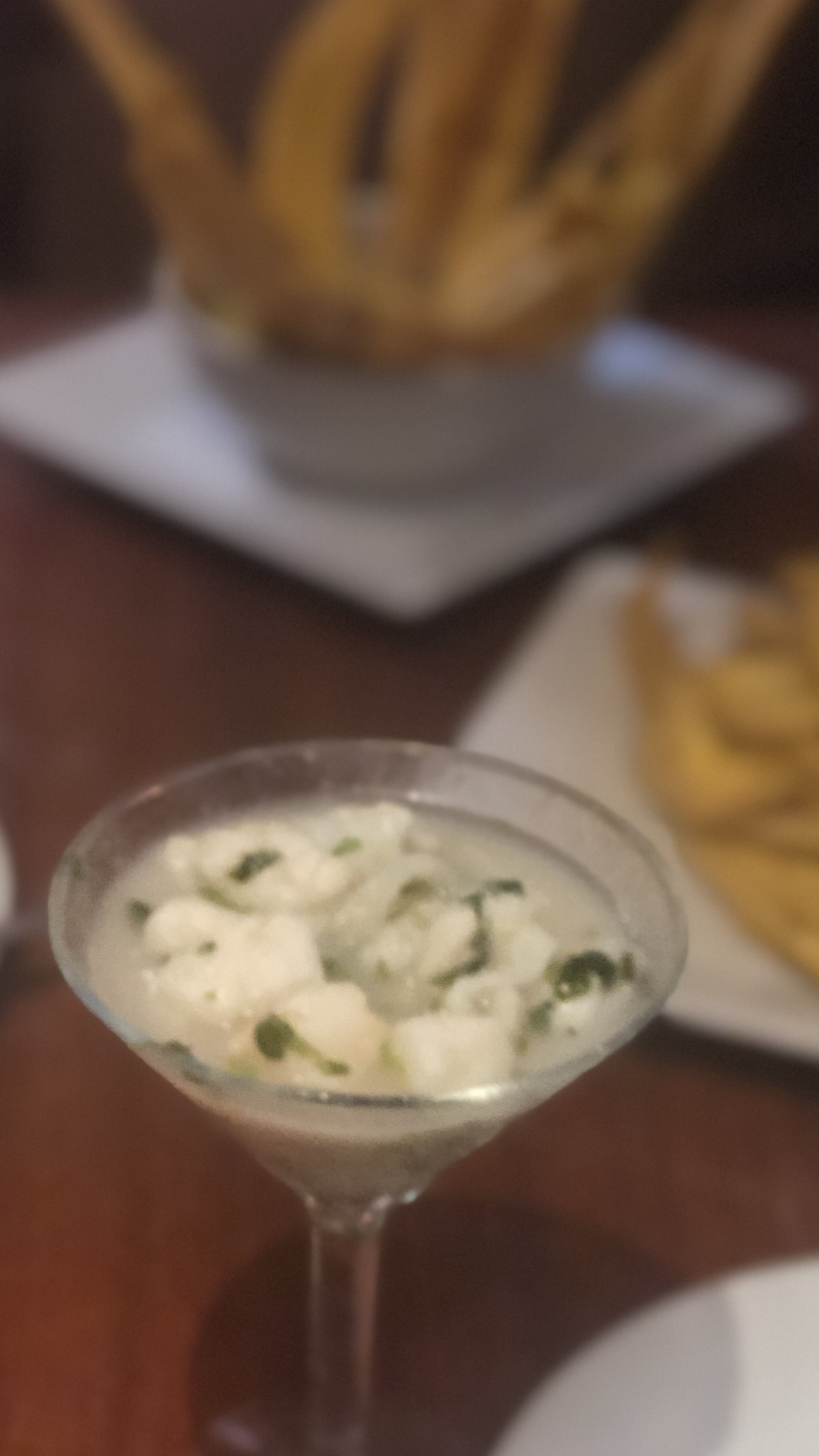 plantain chips and guacamole and fish cocktail